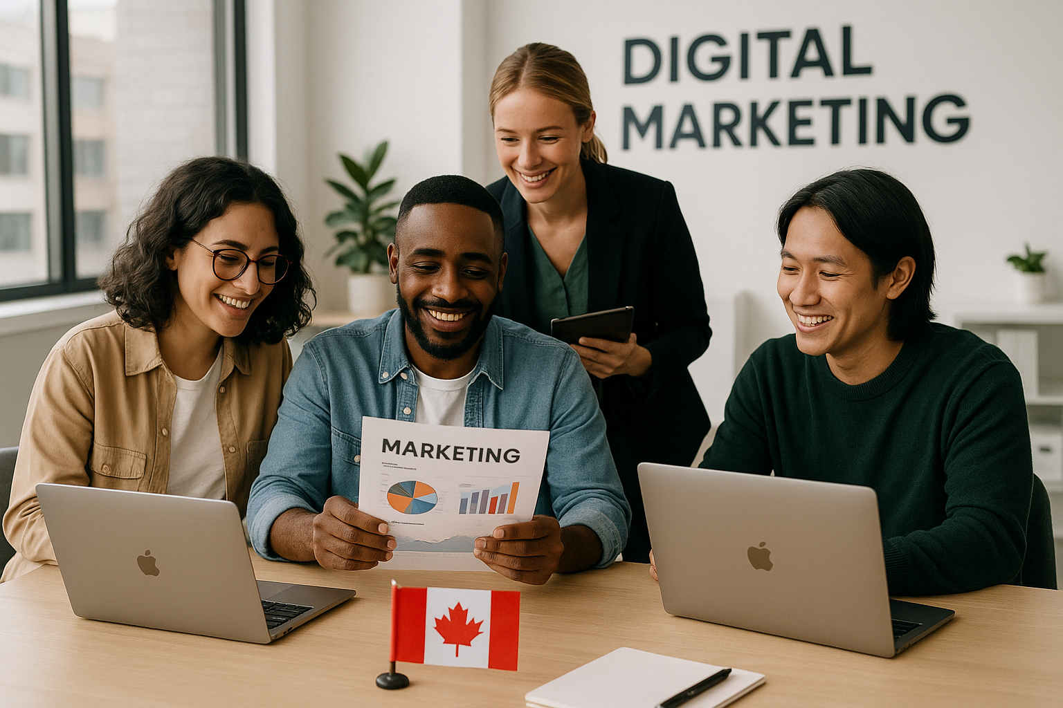 Small Canadian marketing team collaborating on digital strategies in a modern Ottawa office environment.